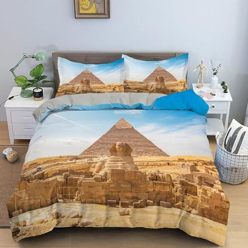 Housse de Couette 240 x 260 Egypte Parures de Lit Pyramide Egypte 2 Personnes Literie Microfibre Imprimé 3D avec 2 Taies d'oreiller avec Fermeture Éclair a1523