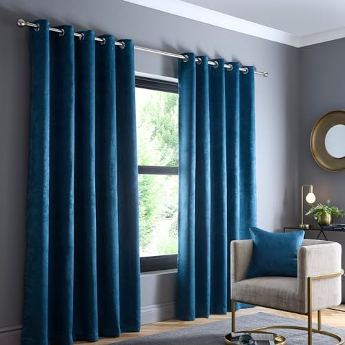 Fusion Strata Teal Eyelet Curtains – W46 x L90 (117 x 229cm) – 2 Panels – Thermal Insulated Drapes – Teal Blue Window Treatment for Bedroom & Living Room – Modern Door Style – Soft Touch Fabric