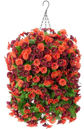 Fake Fall Artificial Outdoor Flowers Plant with Hanging Basket UV Resistant | 4pcs Realistic Silk Morning Glory, Faux Long Vines Petunia, Garden Patio Front Porch Decor, Orange Brown