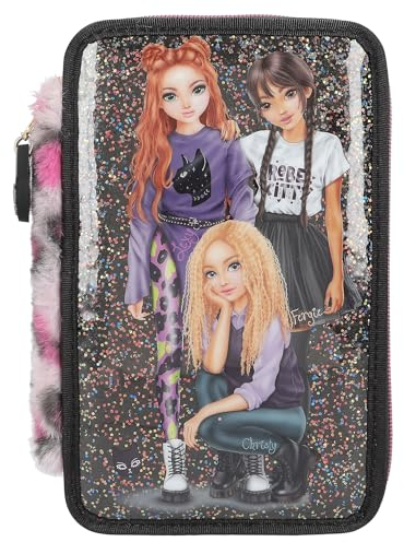 Depesche 13017 TOPModel Rebel Kitty - Gefüllte 3-Fach Federtasche in Schwarz, mit Model Motiv, Glitzer und Leo-Fell, Federmappe mit Buntstiften, Lineal, Schere uvm.