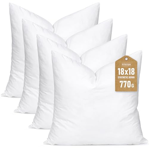 Artscope Synthetic Down Pillow Insert, 18x18 Down Alternative Throw Pillow Insert. Ultra Soft Fluffy Sleeping Pillow with 100% Cotton Cover, Decorative Pillows Set of 4-White.