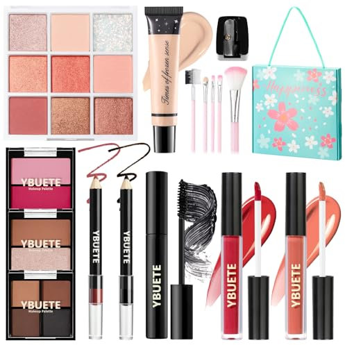 YBUETE Make-up-Set für Teenager, Mädchen, Frauen - Tragbares Reise-Kosmetik-Set für Anfänger und Profis mit Foundation-Lidschatten-Palette, Lippenstift, Eyeliner, Mascara