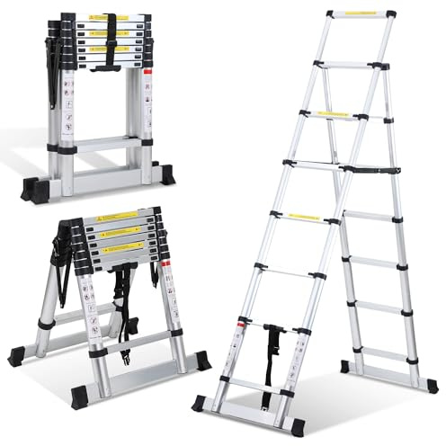 Cecaylie teleskopstege hopfällbar stege, 2 m + 2,3 m, aluminiumstege utdragbar stege A-ram 6 + 7 steg, halkfri aluminiumstege multifunktionsstege, maximal lastkapacitet 150 kg