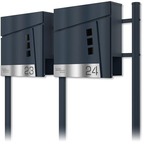 Buzón Doble Independiente con Base Antracita RAL 7016 - buzón de Ventana Personalizado Acero Inoxidable Placa de identificación número de casa - Compartimento para periódicos
