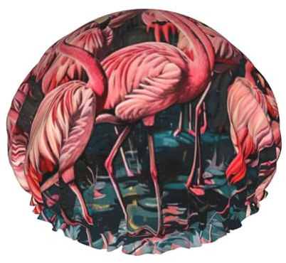 Duschhaube mit Flamingo-Druck, wiederverwendbar, wasserdicht, doppellagig, Haarkappe, Komfort