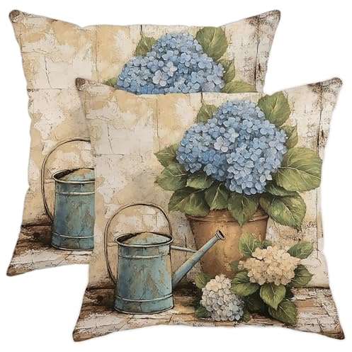 Farmhouse Rustic Hydrangea Pillow Cases Kit with Zipper, Soft Breathable Vintage Flower Throw Pillow 18x18 Set of 2, Farm Floral Velvet Decorative for Couch Room Porch