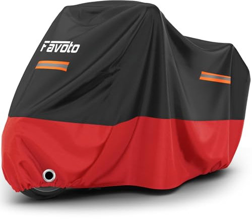 Favoto Motorcycle Cover, Waterproof 210D Oxford, All-Season & Winter-Proof Protection, 2 Windproof Buckles, Fits up to 96.5 / 245 cm, Outdoor Motorbike Cover