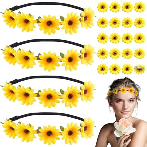 NINGYER 4 Stk Sonnenblumen Stirnband, Gelb Haarband Sonnenblumen mit 20 Sonnenblume Haarschmuck, Sonnenblumen Accessoires für Mädchen/Damen/Festival/Strand/Hochzeit/Party (48-50cm)