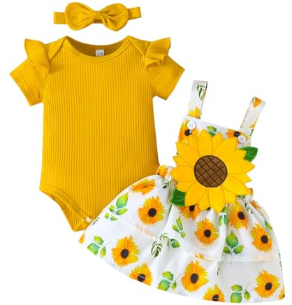 UUAISSO Ropa Para Bebé Niña Blusas con Volantes Para Recién Nacidas Faldas con Tirantes de Girasol y Diadema Conjuntos Verano Amarillo 3-6 meses