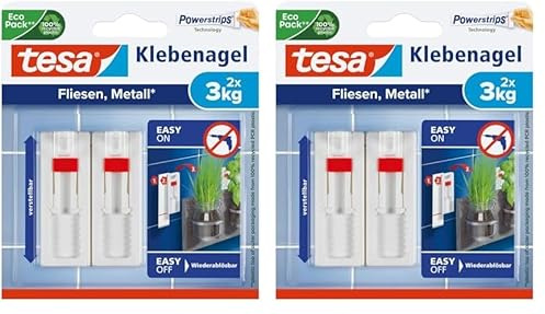 Tesa Chiodo Adesivo per Quadri - Piastrelle e Metallo – Altezza Reglabile – Chiodo Autoadesivo – per Quadri e Telai – Forza fino a 3 kg per Chiodo – Non Lascia Tracce (Confezione da 2)