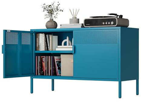 Förvaringsskåp i metall med dörrar och hyllor, stålskåp för vardagsrum, metall-arkivskåp för hem och kontor, påfågelsblå, 40 T x 100 B x 64 H cm