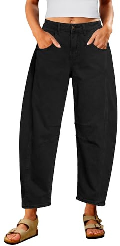 Utyful Barrel Jeans Women Cropped Baggy Trendy High Waisted Distressed Loose Stretch Denim Trouser Jeans with Pockets, True Black, Large