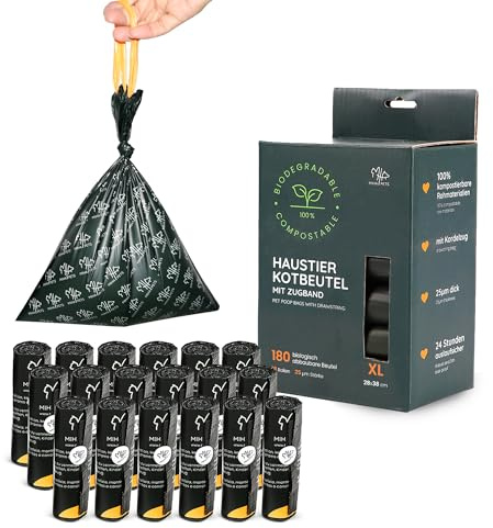 MIHA PETS Hundekotbeutel mit Zugband Größe XL Extra dick 25μm auslaufsicher |Vollständig kompostierbar biologisch abbaubare | 180 Stück Kotbeutel für Hunde Dog Poop bags TÜV zertifiziert