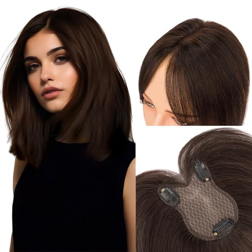 MY-LADY Haartopper Echthaar für Frauen 21g Dunkel Braun Leicht Hair Topper Clip in Extensions Natürliche - für Dünnes Haar Ohne Pony (#02)