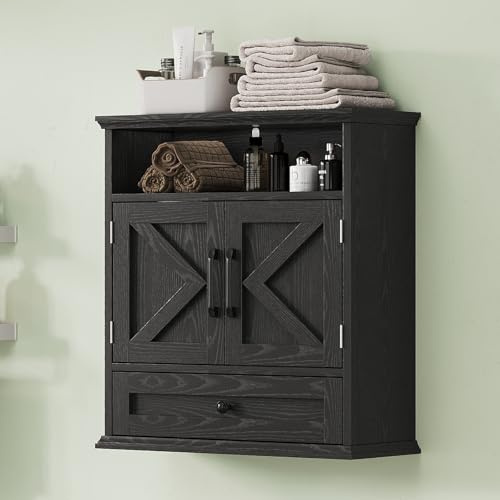 Bathroom Wall Cabinet, Wall Mounted Medicine Cabinet with Drawer, Barn Door & Adjustable Shelf, 24.4H x 23.6W x 9D Black Over Toilet Farmhouse Storage Cabinet for Kitchen, Laundry, Entryway