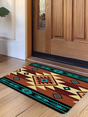 Turquoise Red Doormat Outdoor Entrance 24x36, Southwest American Native Abstract Pattern Absorb Moisture Dirt Door Mats, Non-Slip Rubber Backing Floor Mats Indoor, Low-Profile Front Door Rugs