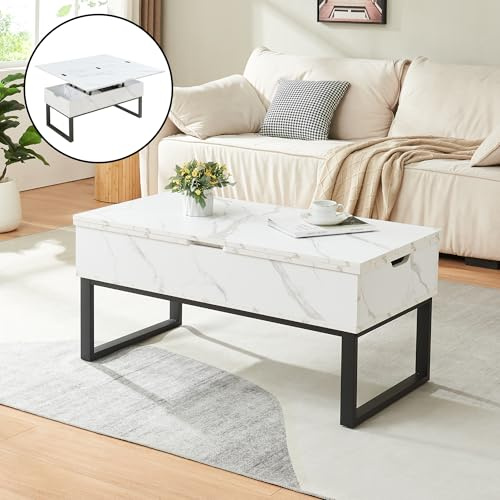 [en.casa] Mesa de Centro Rauli Mesa Baja Rectangular con Tablero Elevable y Extensible con 3 Compartimentos Internos Mueble Auxiliar Mesita para Salón 100 x 50 x 47 cm - Efecto mármol Blanco