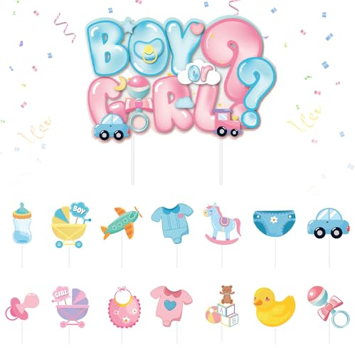 HSC Gender Reveal Decorations, Gender Reveal Cake Toppers, Boy or Girl Baby Shower Cupcake Toppers - 15Pcs Cartoon Pink Blue Cake Toppers for Gender Reveal Party, Baby Shower Kids Birthday Supplies