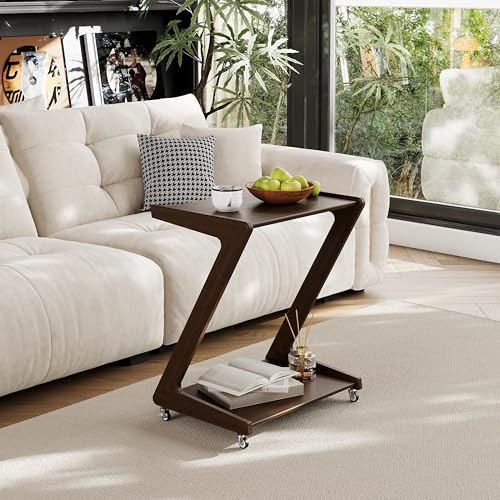 ZIYOO Solid Wood Rolling End Table with Lockable Wheels, Bamboo Couch Side Table That Slides Under Sofa/Bed, Mobile Snack Table for Living Room, Bedroom, Small Spaces, Walnut