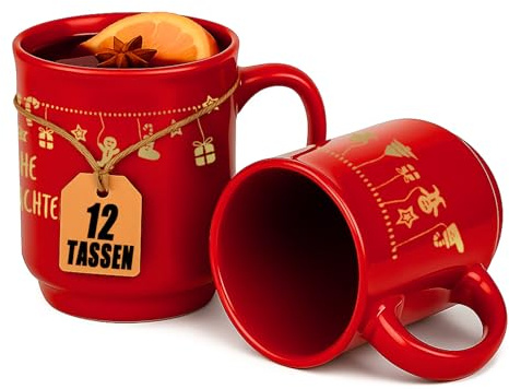 Trinklicht Lot de 12 tasses à vin chaud de Noël - 0,2 l - Rouge - Avec anse - Pour le marché de Noël - En céramique - Motif de Noël