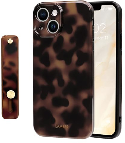 NITITOP for iPhone 15 Case Leopard Kickstand, Dark Brown | for Women Girls Men, Cute Amber Tortoise Design, with Wrist Adjustable Hand Strap, Soft TPU Cover, Full Camera Protection