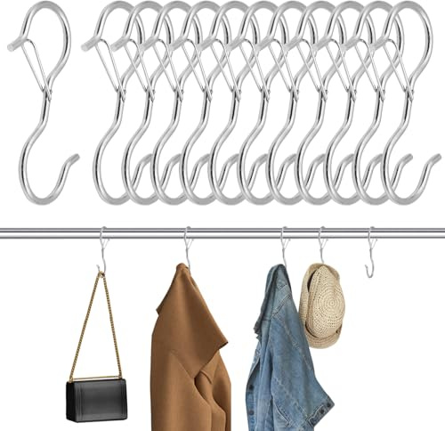 VEGCOO Lot de 12 grands crochets en S pour suspendre des plantes, des ustensiles de cuisine, des jeans, des sacs, des pots, 9 cm avec boucle de sécurité (argenté)