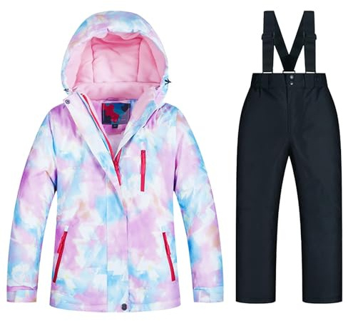 Snödräkt för barn – jacka och salopette, lätt dunjacka med fickor, vindtät, vattentät, skiddräkt, set för barn, flickor, pojkar, utomhus, skidåkning, snowboard, F, 3-4 år