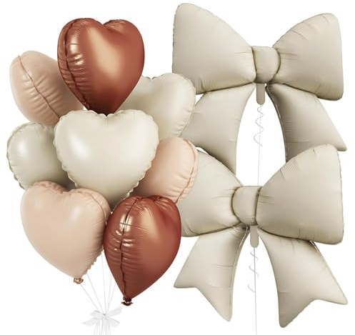 Koboko 10 Stk Beige Herz Schleifen Ballon, XXL Beige Schleife Luftballons, Braun Herzballons Schleifen Deko Geburtstag Mädchen Frauen, Herz Schleife Folienballon für Hochzeit,Verlobung,Babyparty Deko