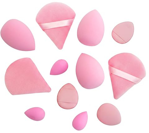 12 st mini makeupsvamp-set | Latexfria veganska skönhetsblandare för foundation, concealer och pulver | våt och torr användning (rosa)