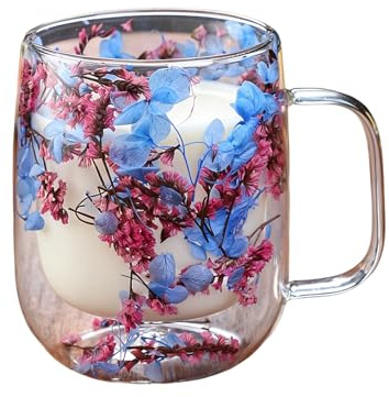Tazas de vidrio de doble pared | Tazas de café transparentes | Vasos de vidrio de doble pared con asa Taza de té con aislamiento de flores secas Taza de bebida transparente elegante para fiésta de pic