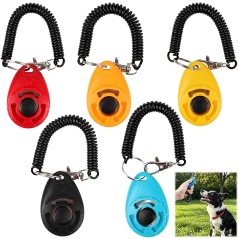 Nexaflow 5 Clickers para Perro Adiestramiento con Cordón Soldado, Clickers Multicolor (Rojo, Naranja, Amarillo, Azul, Negro) con Botón Grande, 6x4x1.7cm, para Perros, Gatos, Caballos