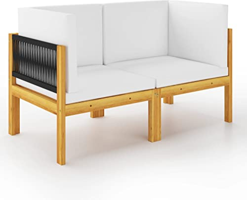 PTUGUOF Panca da giardino a 2 posti in legno massello di acacia oliato con schienale intrecciato e cuscini per seduta e schienale rimovibili, design modulare per terrazza e giardino