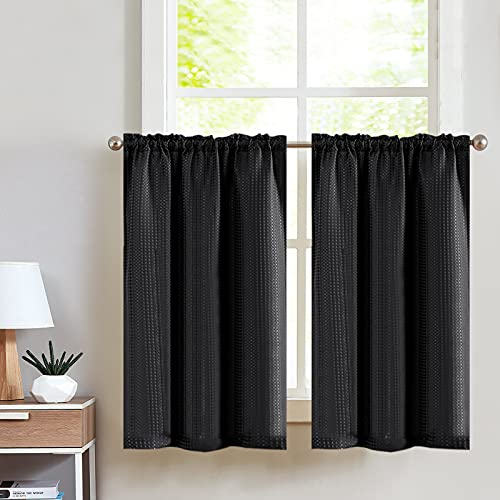 TOPICK Blickdicht Scheibengardinen Küche Schwarz Bistrogardine mit Tunnelzug Gardinen Kurz mit Waffel Muster Halbtransparente Küchengardinen für Kleine Fenster Wohnmobil Landhaus 2er Set 90Bx60H cm