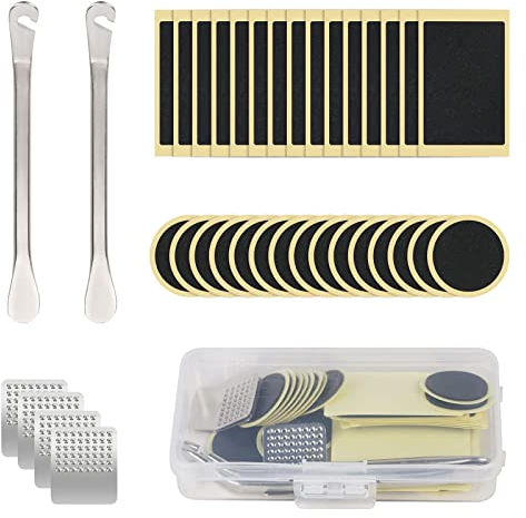 Ainiv Rustine Vélo,36PCS Kit Reparation Pneu Vélo pour Patchs Auto-Adhésifs sans Colle de Moto Vélo,30 Patchs + 2 Râpe en Métal, Boîte de Rangement Portable pour Vélos de Route, Montagne et Banlieue