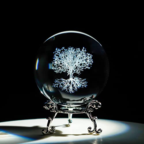 H&D HYALINE & DORA Sfera di cristallo trasparente dell'albero della vita da 70 mm con supporto,Palla decorativa in vetro K9,Decorazione della casa della sfera di vetro 3D Laser Fengshui