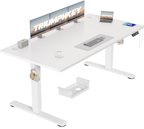 TRIUMPHKEY Höhenverstellbarer Schreibtisch 160x80, 18mm Tischplatte & USB-A | Schreibtisch Höhenverstellbar mit 3 Memory-Steuerung,Sitz‑Erinnerung & Kabelmanagement, Computertisch,Standing Desk,Weiß
