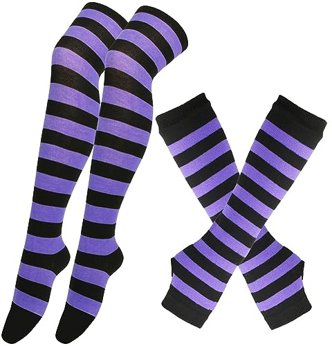 Gestreifte Kniestrümpfe Damen, mit Armstulpen Lange Strickhandschuhe Fingerlose Handschuhe Set Overknee Oberschenkel Baumwolle Gestreifte Schenkel Socken Thigh High Socks Beinwärmer Party Kostüm