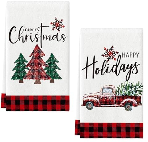 DHRUTI Lot de 2 Torchons de Cuisine Camion et Arbres de Noël, Torchon Vaisselle de Noël,18 x 26 inch Torchons de Cuisine Coton Vaisselle,Bar Multi-usages Doux et absorbants