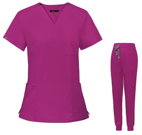 Meichoon Medical Uniforms V-Neck Stretch Scrubs Top Short Sleeve with 3 Pockets Stretch Yoga Jogger Pants Slim Fit Elastic Waistband DK09