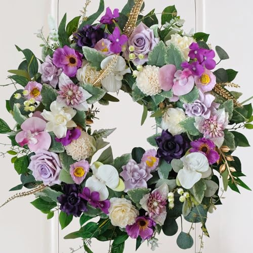 CIR OASES 22-inch Purple Silk Artificial Spring/Summer Rose Phalaenopsis Hydrangea Wreath - Wedding, Birthday, Party & Home Decoration