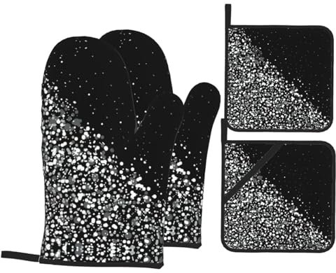 Set di 4 guanti da forno natalizi neri e bianchi glitterati con presine, resistenti al calore, regalo per la famiglia