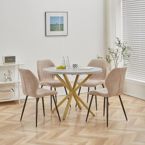 DEYARNA HOME Essgruppe Set Tisch und Stühle, 100cm Runder Esstisch und 4 Leinen-Esszimmerstühle, 4 Stühle & Tisch für Küche, Esszimmer und Wohnzimmer (Braun-ST, 100 * 100 * 76.5cm (Grau/Gold))