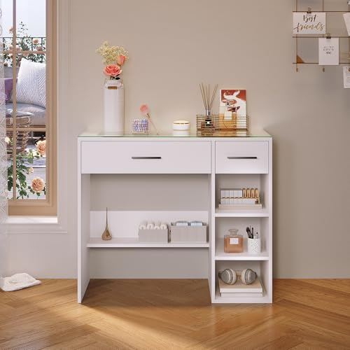 SONNI Sminkbord, toalettbord med 2 lådor, 3 öppna fack, transparent glasplatta, toalettbord, skrivbord, datorbord, litet arbetsbord, vitt, 90 x 40 x 77 cm