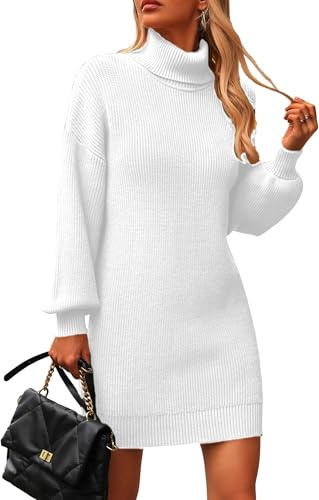 Zeagoo Jumper Dress for Women Turtleneck Long Sleeve Knitted Dresses Elegant Winter Bodycon Sweater Dress White Size 12