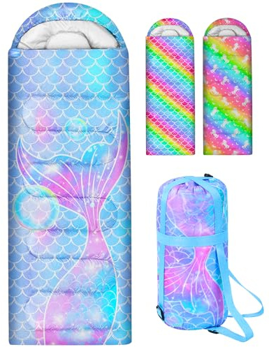 Kids Sleeping Bag for Kids Girls, 3 Season Warm Cool Weather Waterproof Lightweight Camping Sleeping Bag with Carry Bag for Indoor Outdoor Camping Hiking Traveling