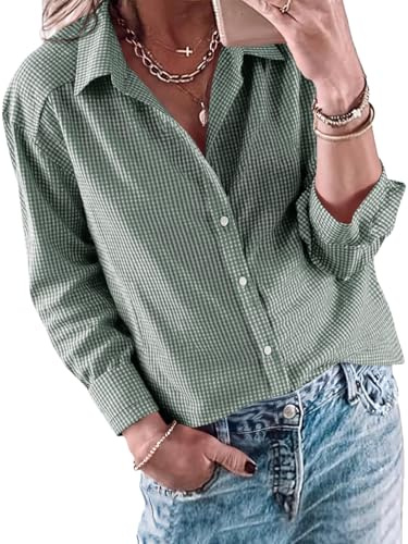 Cicy Bell Blusa de mujer con cuello en V elegante y casual de manga larga con botones, a cuadros, blusa casual de negocios, blusa básica, camisa suelta, túnica, camiseta, verde oscuro, XL