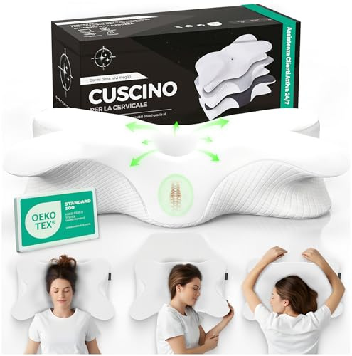 CERVICALFLEX Cuscino Cervicale per Dormire in Memory Foam Comodo Fin dalla Prima Notte - Cuscino Ortopedico Cervicale Ergonomico per Dormire di Lato o Supini Sfoderabile e Lavabile (Bianco)