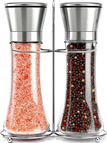 Willow & Everett Salt and Pepper Grinders - Set of Premium Stainless Steel Mills w/Stand – Tall Shakers w/Adjustable Coarseness - Salt & Pepper Mills w/Lids