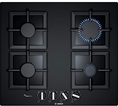 Bosch PPP6A6B20, plaque de cuisson à gaz, Série 6, 4 foyers, 60 cm, Verre Trempé, Noir