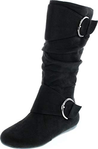 Forever Link Klein-70 Women's Closed Round Toe Buckle Slouch Flat Heel Mid-Calf Boot,Black,8.5